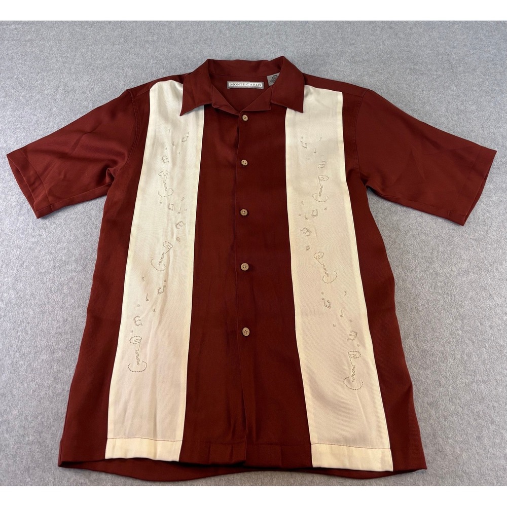 Monte Carlo Mens Small Bowling Shirt Burgundy Cream Embroidered Rockabilly Retro